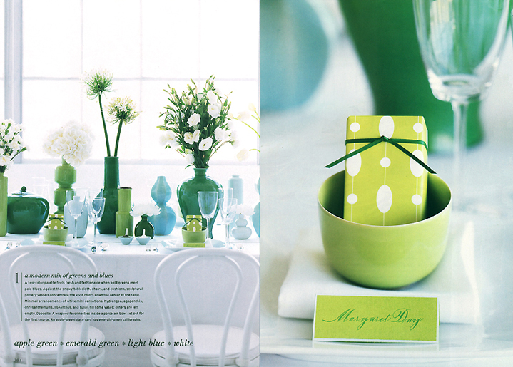 Martha Stewart Weddings Green and Blue Tablesetting and Centerpiece and Martha Stewart Weddings Party and Wedding Favor