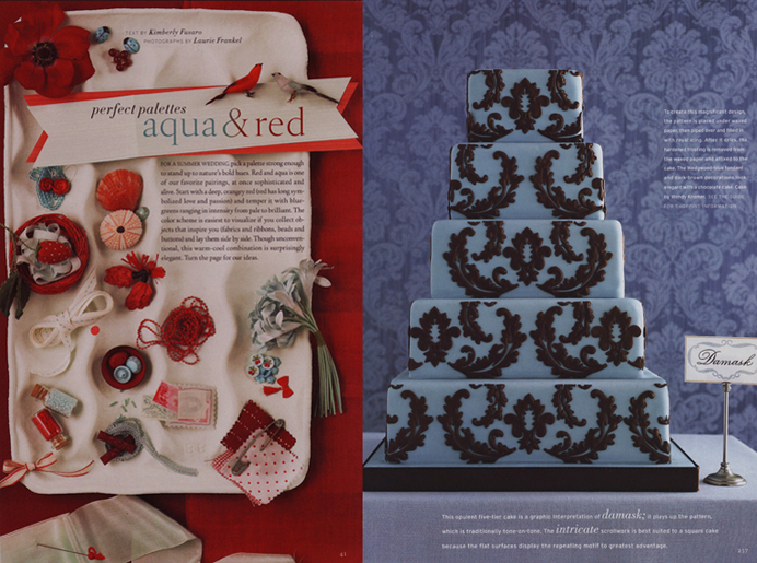 Martha Stewart Wedding Aqua and Red Inspiration and Martha Stewart Weddings Blue and Brown Damask Wedding Cake