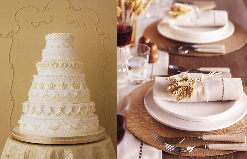 Martha Stewart Weddings White Piped Cake and Williams Sonoma Bride and Groom Enetertaining Book Table Place Setting