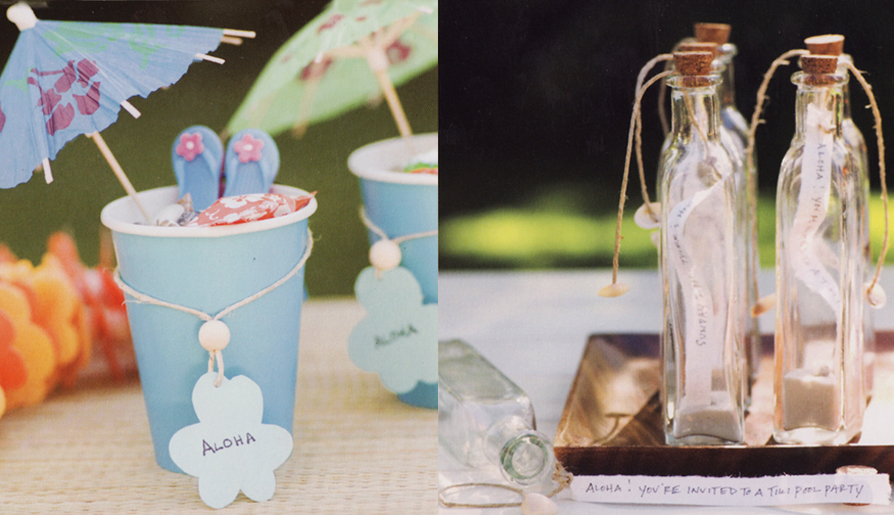Williams Sonoma Kids Birthday Party Book Tiki Hula and Beach Party Favors and Williams Sonoma Kids Birthday Party Book Tiki Message in a Bottle Invitation 
