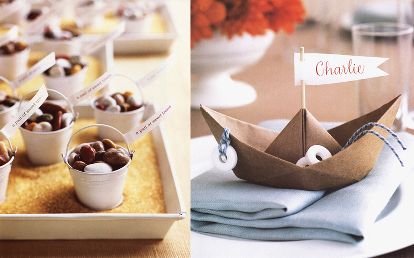 Martha Stewart Weddings Good Things Wedding Candy Pails and Martha Stewart Weddings Paper Boat Placesettings