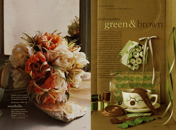 Martha Stewart Weddings Pink and Peach Floral Bouquet and Martha Stewart Weddings Green and Brown Wedding Decoartions and Ribbons
