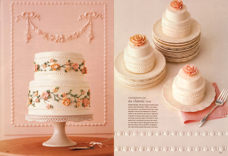 Martha Stewart Weddings Floral Pink Buttercream Wedding Party Cake and Martha Stewart Weddings Individual Floral Piped Wedding Party Cakes