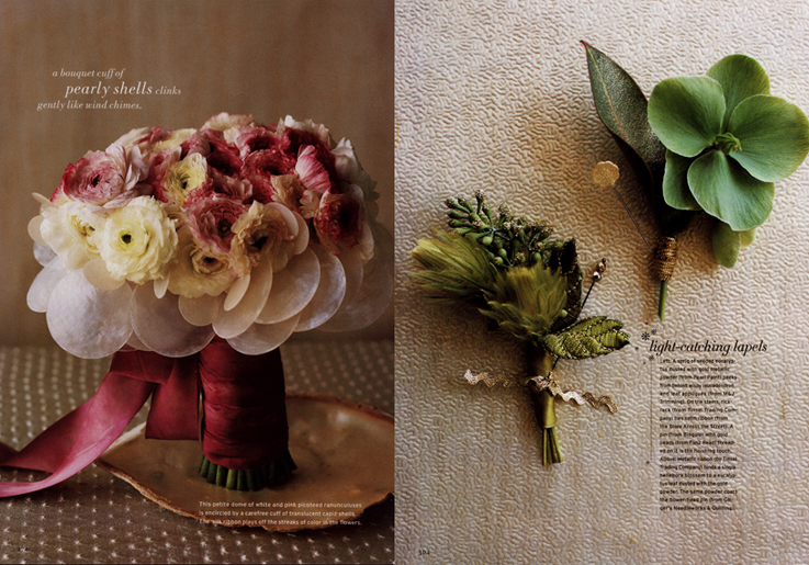 Martha Stewart Weddings Pink Shell Flower Bouquet and Martha Stewart Weddings Green Boutonnieres 