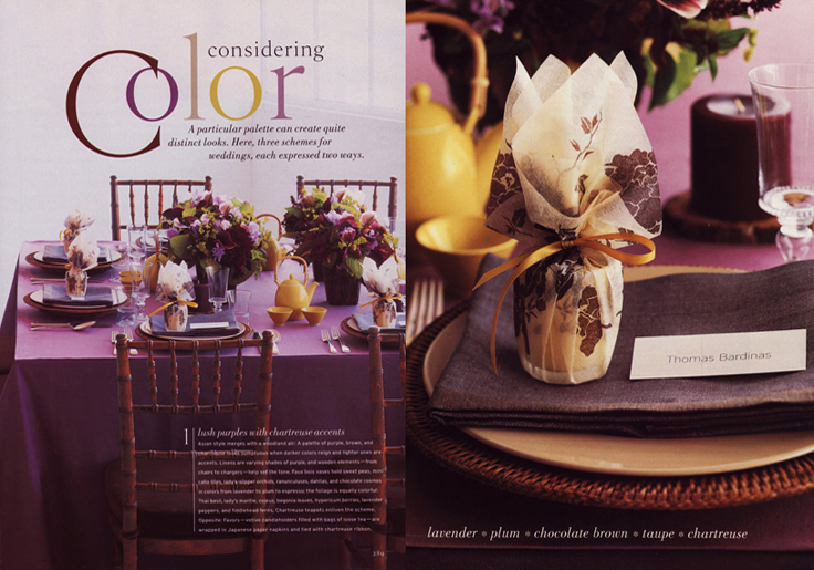 Martha Stewart Weddings Plum and Chartruese Reception Table Setting and Martha Stewart Weddings Plum and Chartruese Table setting and Favors 
